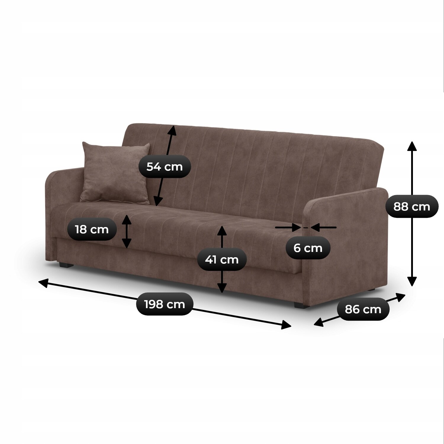 Brązowa sofa welurowa z poduszką, z wymiarami: wysokość oparcia 54 cm, wysokość siedziska 41 cm, głębokość siedziska 86 cm, szerokość 198 cm, wysokość całkowita 88 cm, wysokość podłokietnika 18 cm, grubość podłokietnika 6 cm.