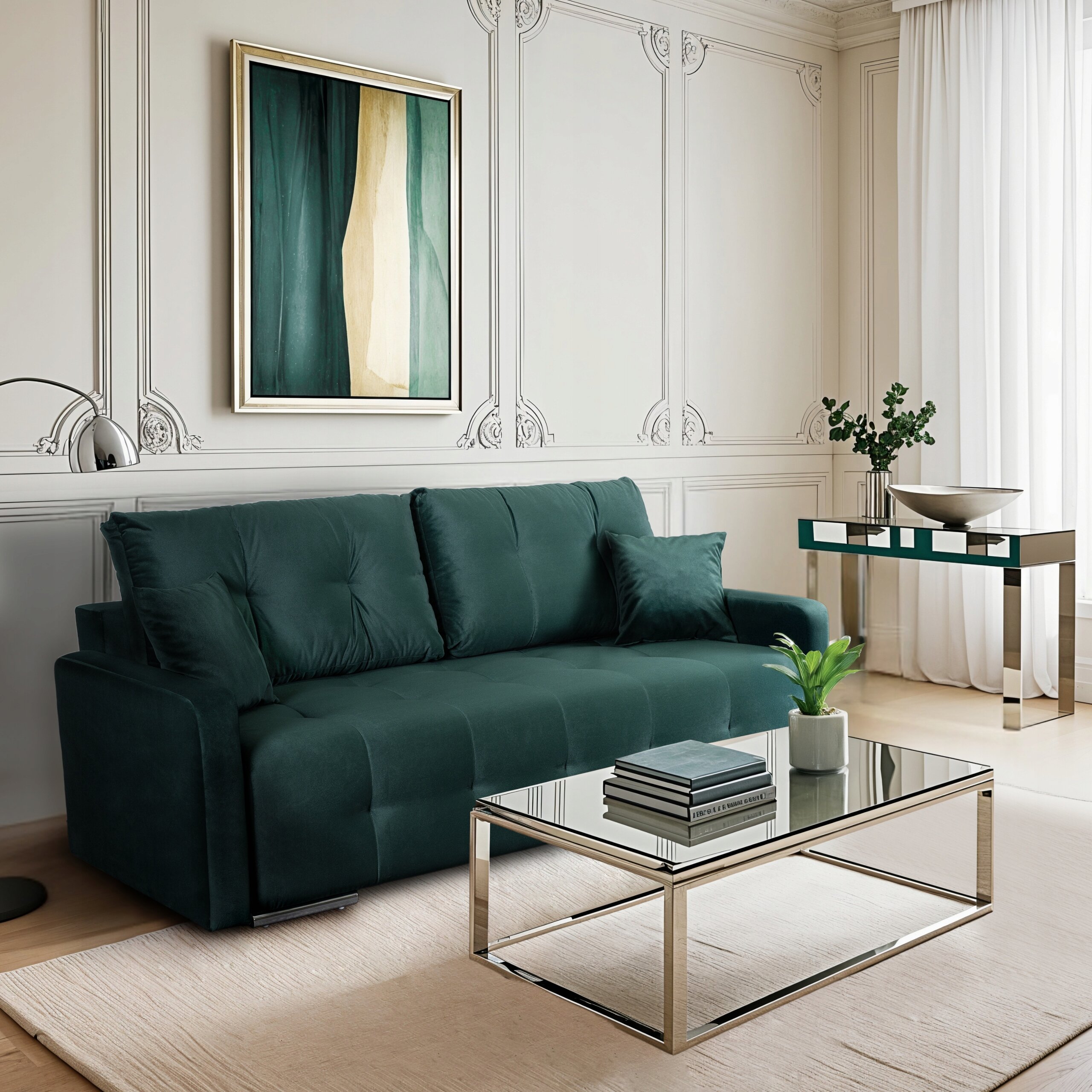W eleganckim salonie znajduje się zielona sofa rozkładana z funkcją spania, przed którą stoi szklany stolik kawowy na metalowej ramie. Na ścianie wisi abstrakcyjny obraz, a obok sofy stoi konsola z dekoracyjną misą i rośliną.
