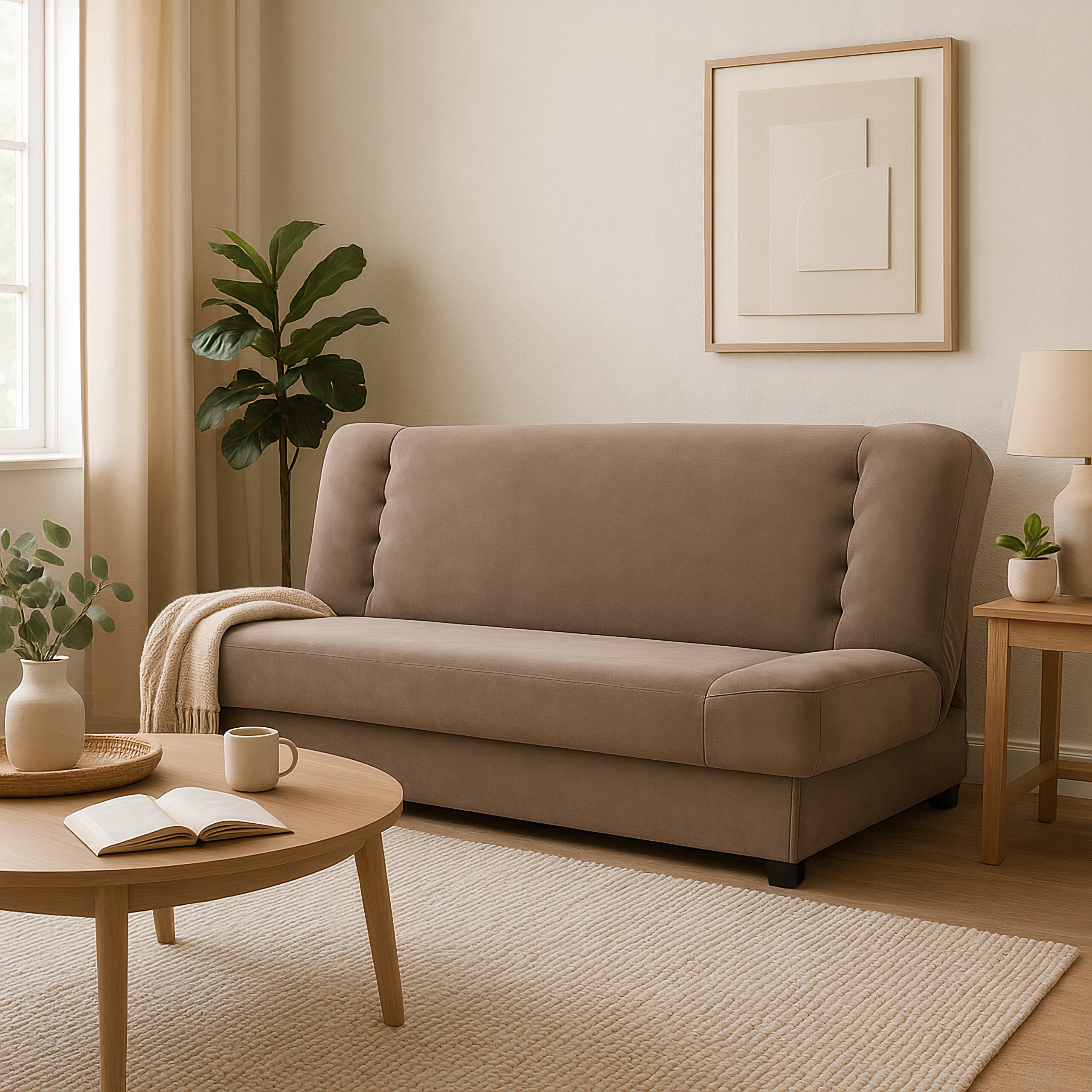 Beżowa sofa kanapa rozkładana z funkcją spania stoi w jasnym pokoju, obok niej znajduje się stolik z rośliną i lampką. Na ścianie wisi obraz, a na stoliku kawowym leży otwarta książka i filiżanka.