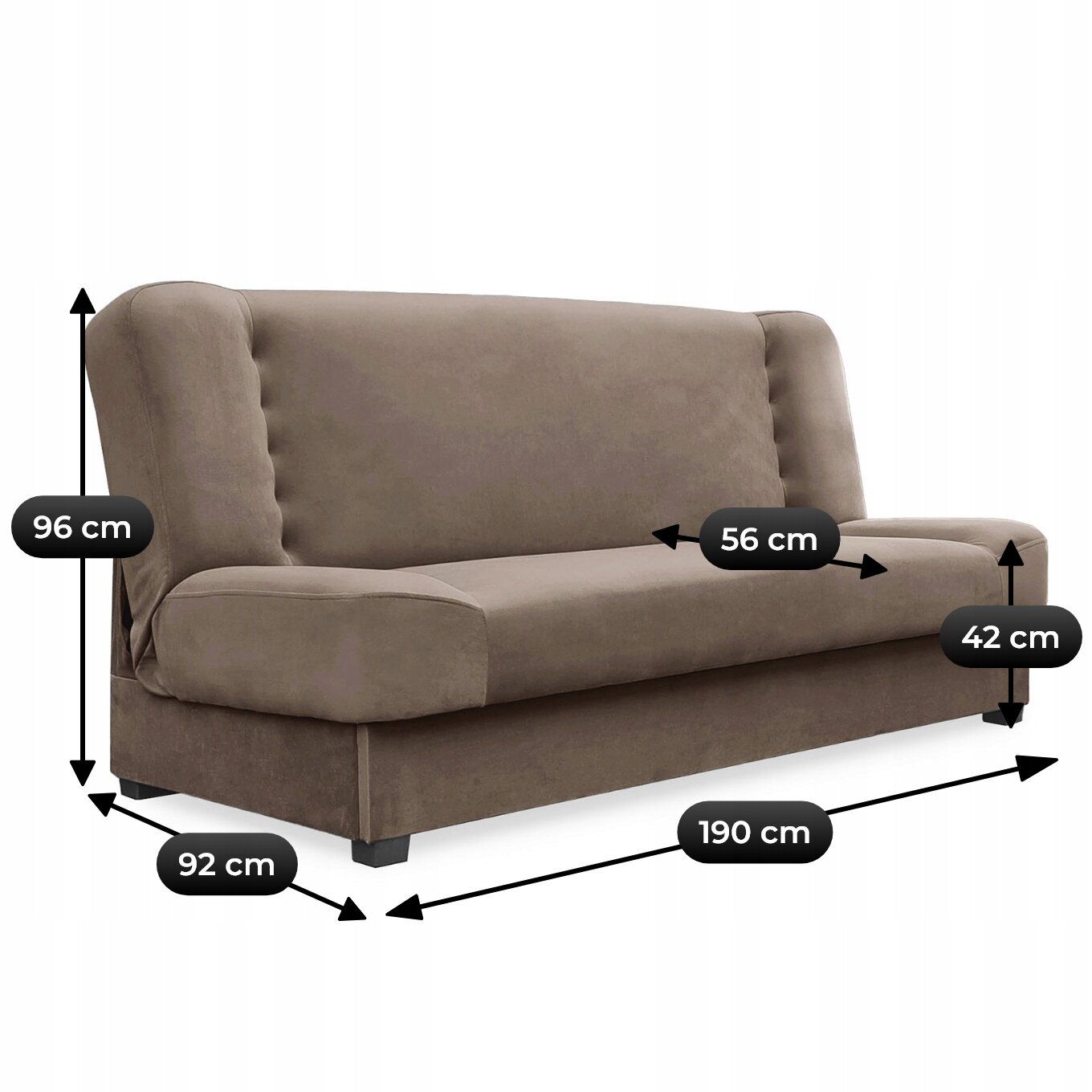 Beżowa sofa kanapa rozkładana z funkcją spania, z wymiarami: wysokość 96 cm, szerokość 190 cm, głębokość 92 cm, głębokość siedziska 56 cm, wysokość siedziska 42 cm.