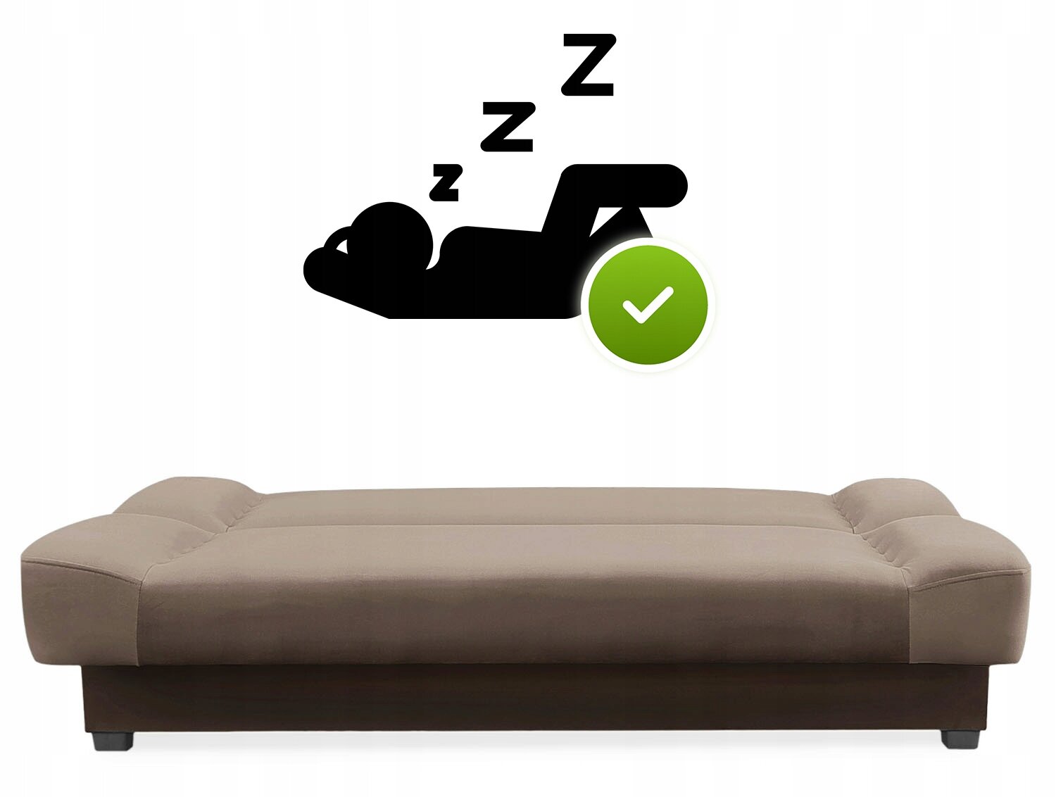 Beżowa sofa kanapa rozkładana z funkcją spania, przedstawiona na tle grafiki z sylwetką leżącej osoby i symbolami \'Z\' oraz zielonym okręgiem z białym haczykiem.