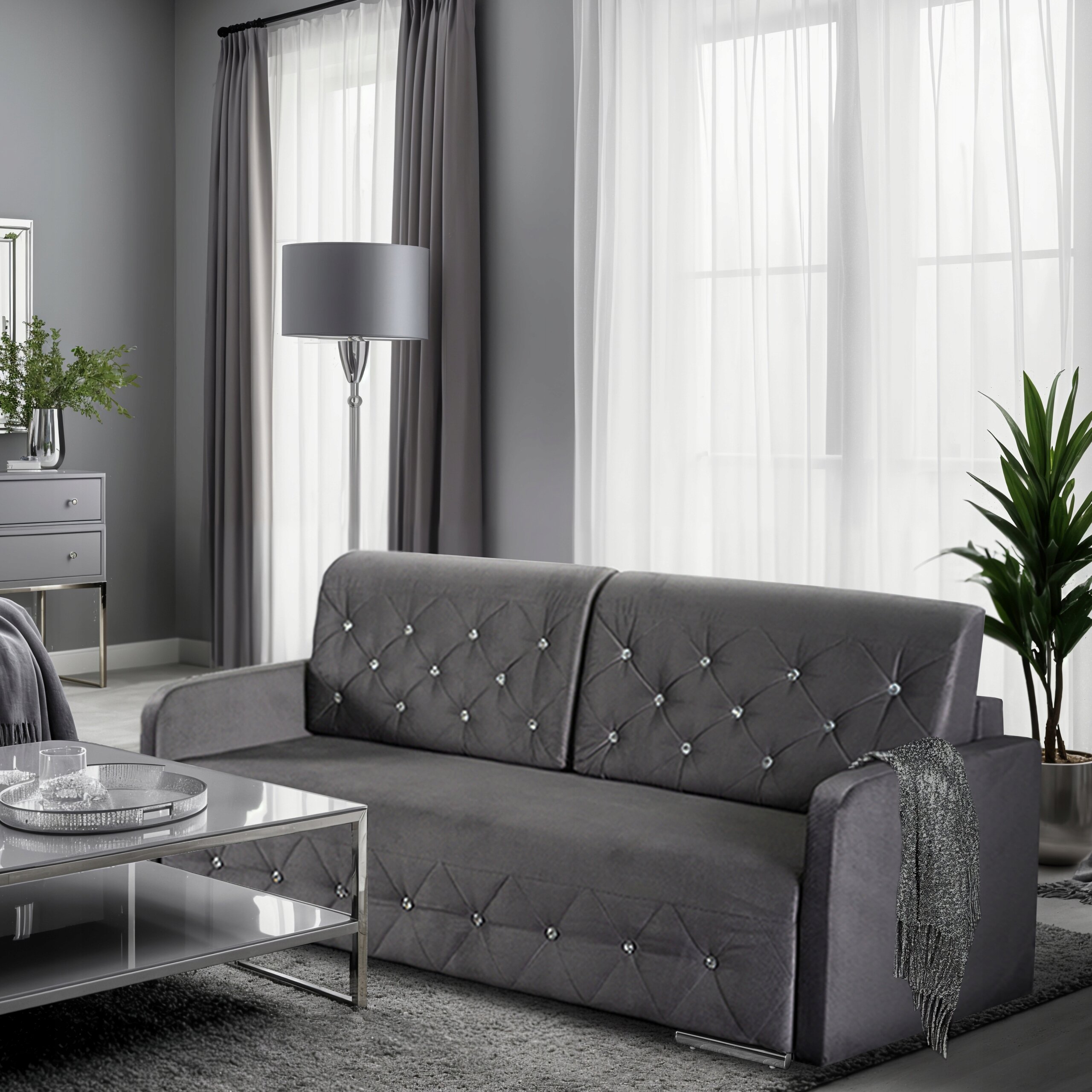 Szara sofa z funkcją spania, ozdobiona guzikami, stoi w eleganckim salonie z dużymi oknami i zasłonami. Obok znajduje się szklany stolik kawowy, lampa stojąca i roślina doniczkowa.