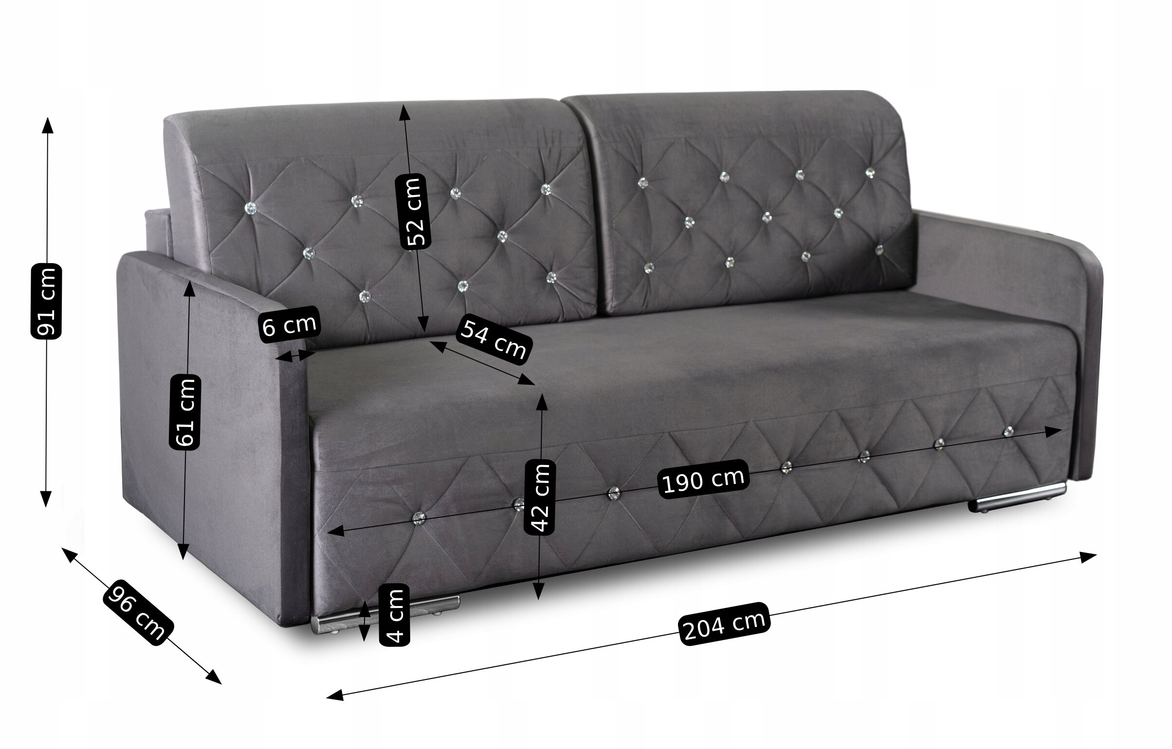Szara sofa rozkładana z funkcją spania, ozdobiona pikowaniami i guzikami, z wymiarami: wysokość 91 cm, głębokość 96 cm, szerokość 204 cm, wysokość siedziska 42 cm, głębokość siedziska 54 cm, wysokość oparcia 52 cm, szerokość podłokietnika 6 cm, wysokość podłokietnika 61 cm, wysokość nóżek 4 cm, szerokość powierzchni spania 190 cm.