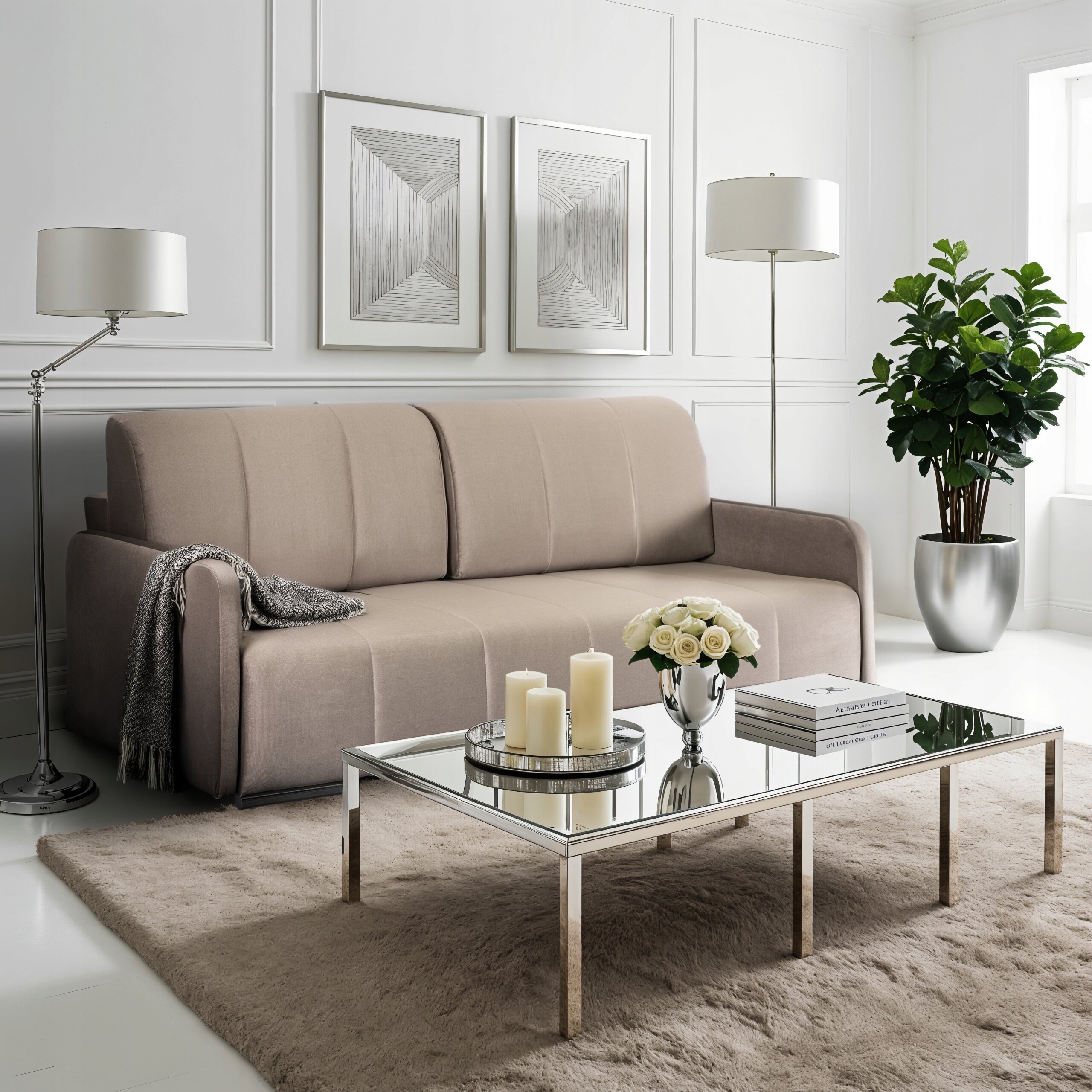 Beżowa sofa rozkładana stoi w eleganckim salonie z białymi ścianami i dekoracyjnymi obrazami. Przed sofą znajduje się szklany stolik z metalowymi nogami, na którym leżą książki, wazon z kwiatami i świece.
