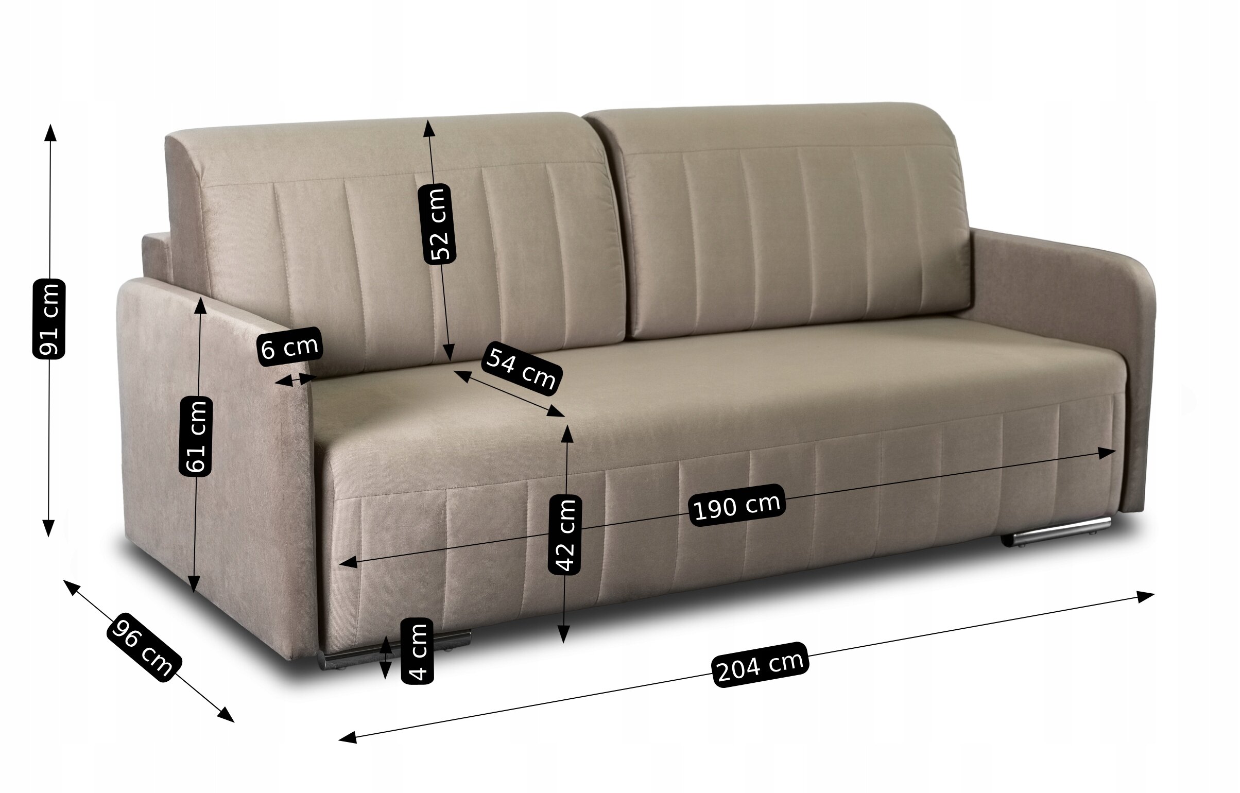 Beżowa sofa rozkładana z funkcją spania, z podanymi wymiarami: 91 cm wysokości, 96 cm głębokości, 204 cm szerokości, 61 cm wysokości oparcia, 52 cm wysokości siedziska, 54 cm głębokości siedziska, 42 cm wysokości podłokietnika, 190 cm długości powierzchni spania, 4 cm wysokości nóżek, 6 cm szerokości podłokietnika.
