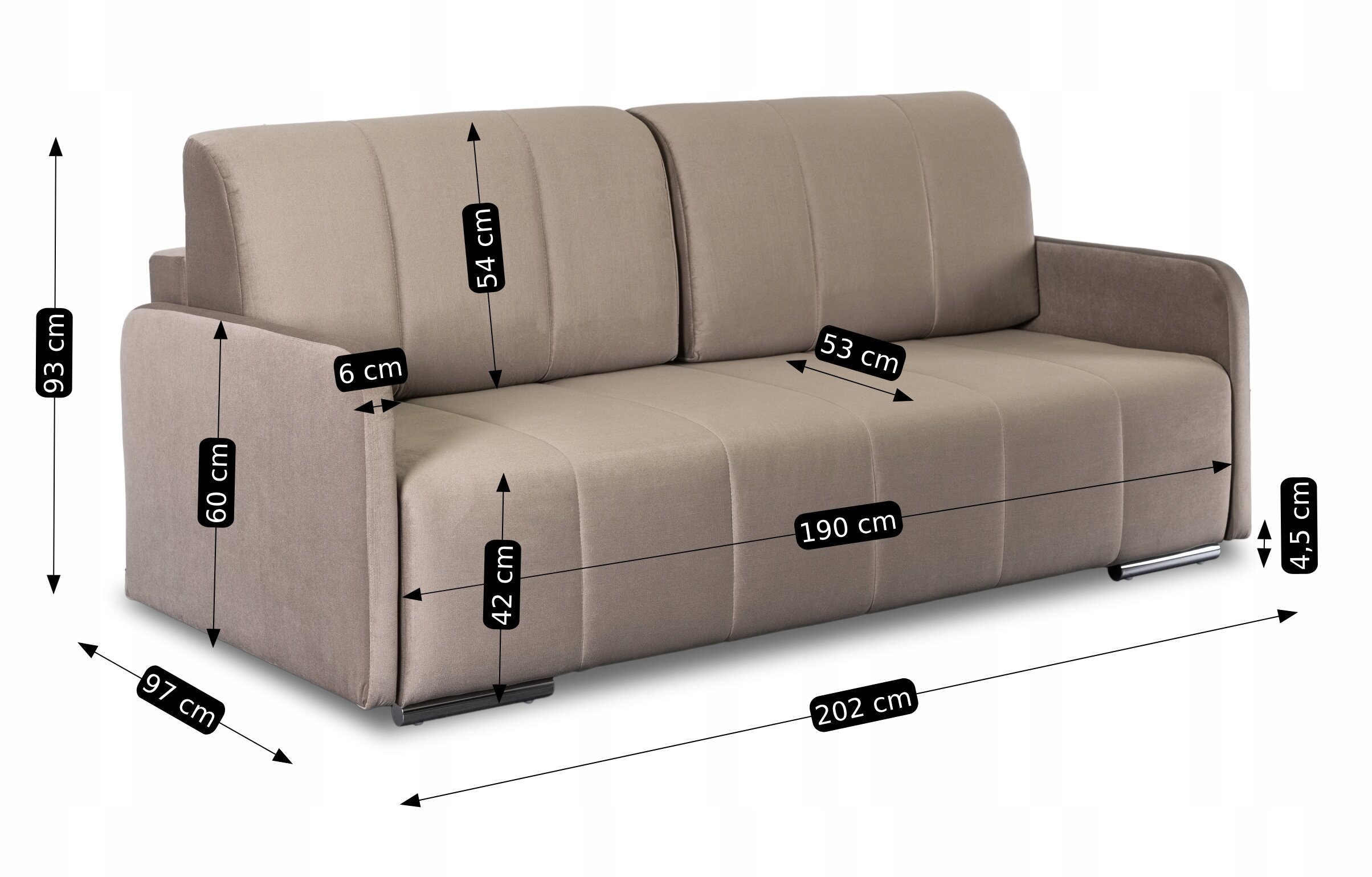 Beżowa sofa rozkładana z funkcją spania, z wymiarami: wysokość 93 cm, szerokość 202 cm, głębokość 97 cm. Na obrazie widoczne są także szczegółowe wymiary poszczególnych elementów sofy.