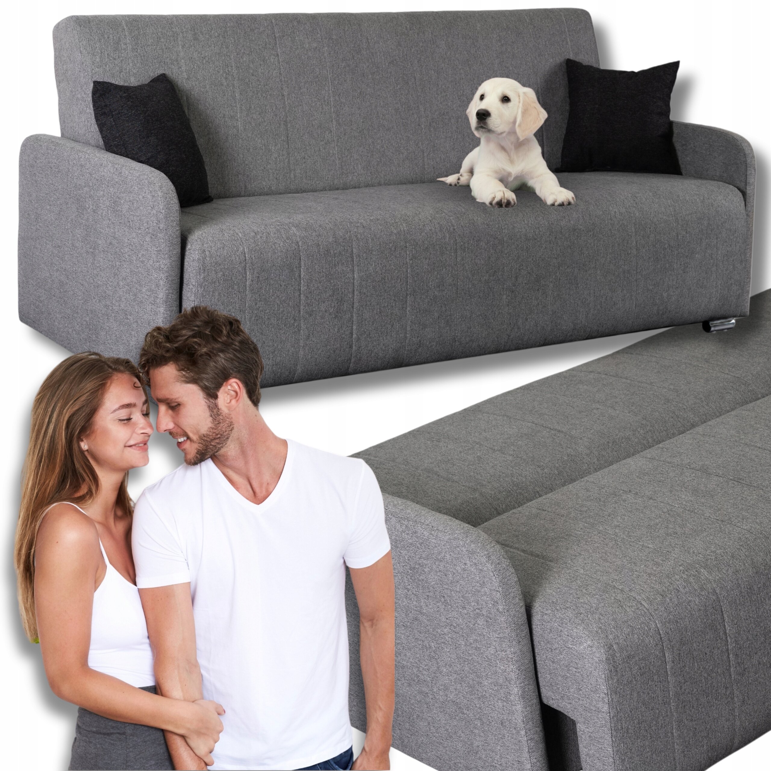 Szara, rozkładana sofa z funkcją spania, na której siedzi biały szczeniak. Obok sofy stoi para ubrana w białe koszulki, a sofa jest pokazana również w pozycji rozłożonej.