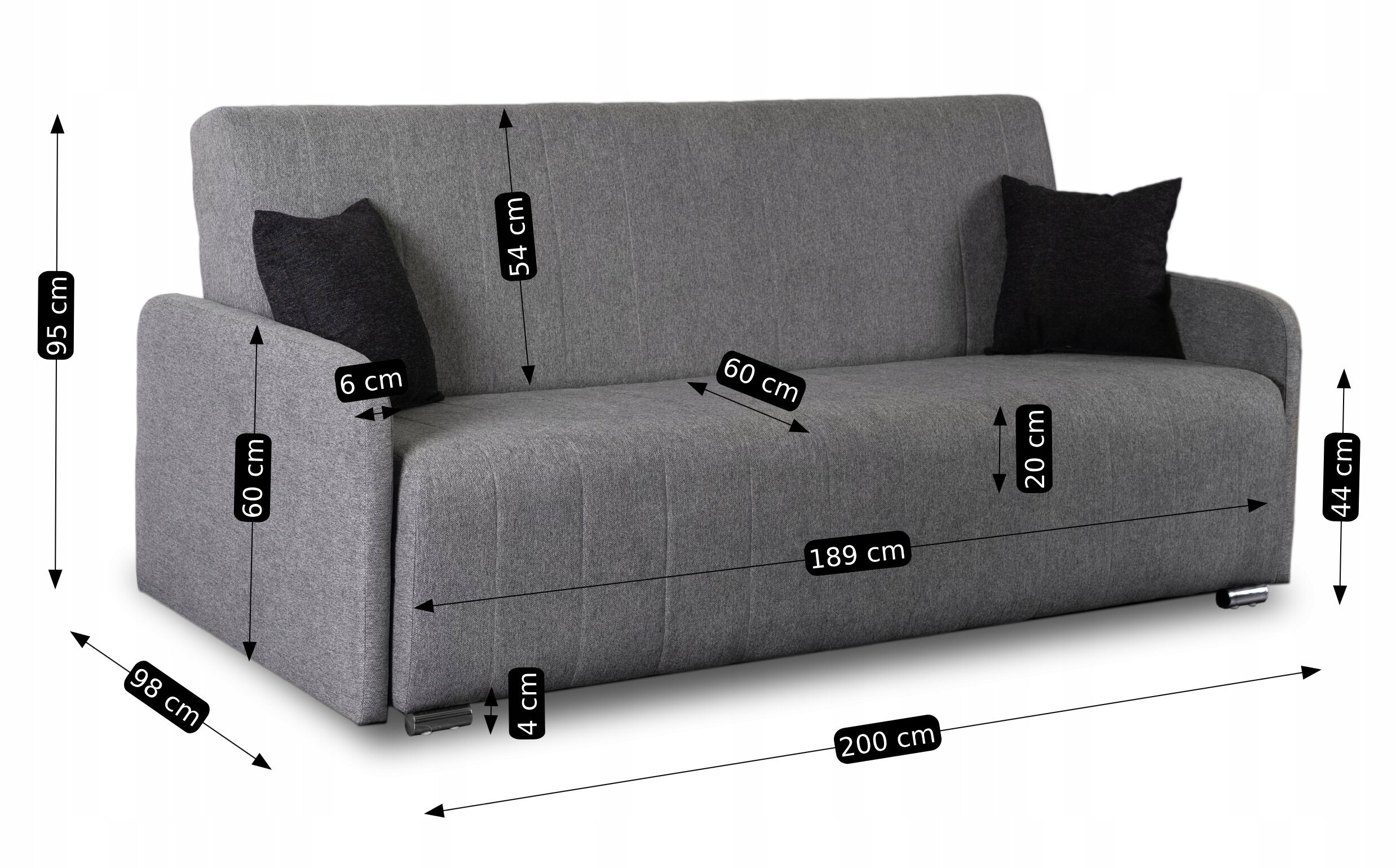 Szara wersalka z funkcją spania, z dwoma czarnymi poduszkami, przedstawiona z wymiarami: wysokość 95 cm, szerokość 200 cm, głębokość 98 cm, wysokość siedziska 44 cm, głębokość siedziska 60 cm, wysokość oparcia 54 cm, wysokość podłokietnika 60 cm, grubość podłokietnika 6 cm, wysokość nóżek 4 cm.