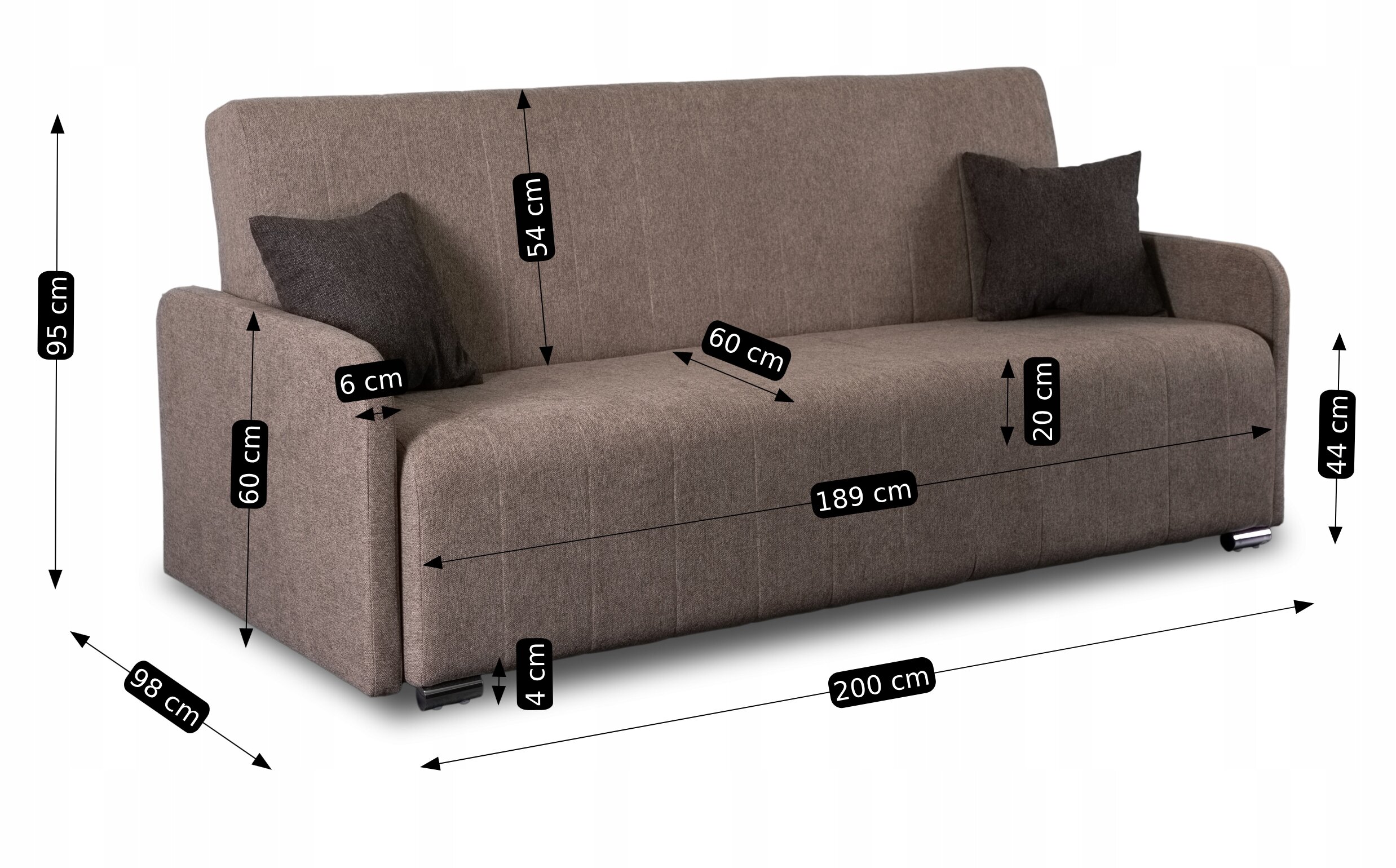 Beżowa sofa z funkcją spania, z dwoma ciemnymi poduszkami, przedstawiona z wymiarami: wysokość 95 cm, głębokość 98 cm, szerokość 200 cm, wysokość siedziska 44 cm, głębokość siedziska 60 cm, szerokość siedziska 189 cm, wysokość oparcia 54 cm, wysokość podłokietnika 60 cm, wysokość nóżek 4 cm.