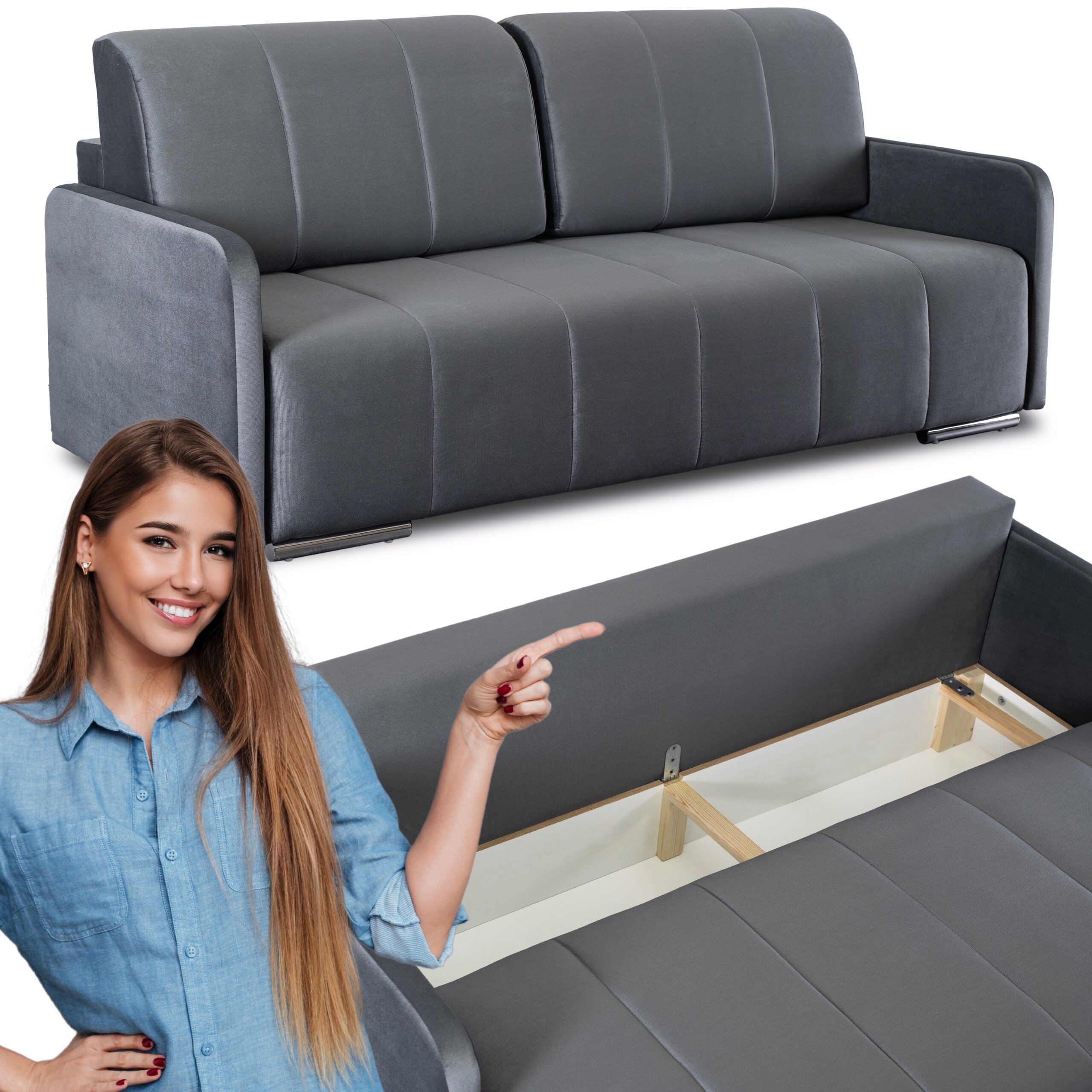 Szara, rozkładana sofa z funkcją spania, z widocznym schowkiem na pościel. Obok sofy stoi kobieta w niebieskiej koszuli, wskazująca na mebel.