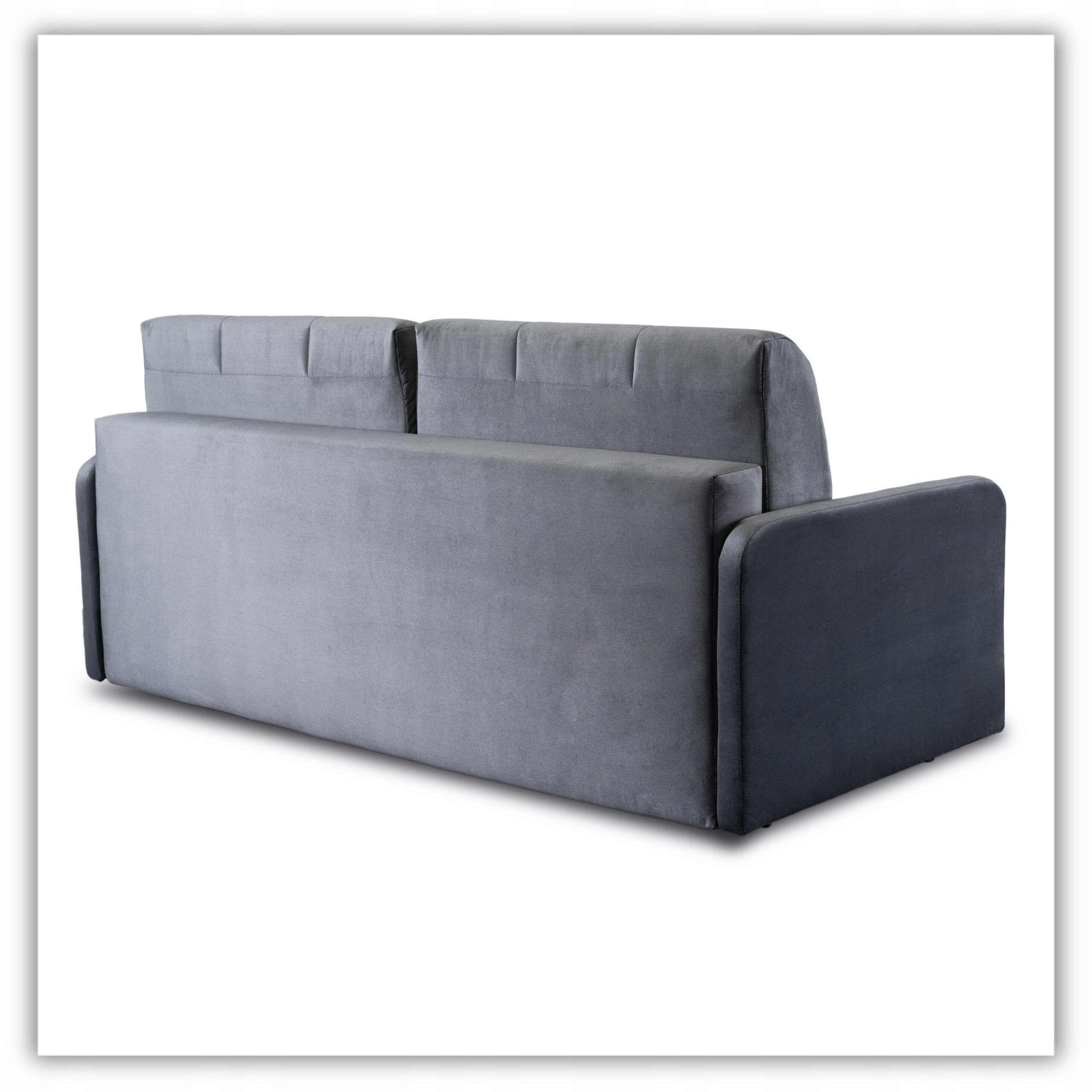 Szara, rozkładana sofa z funkcją spania, widoczna z tyłu. Sofa ma proste, nowoczesne kształty i gładką powierzchnię.