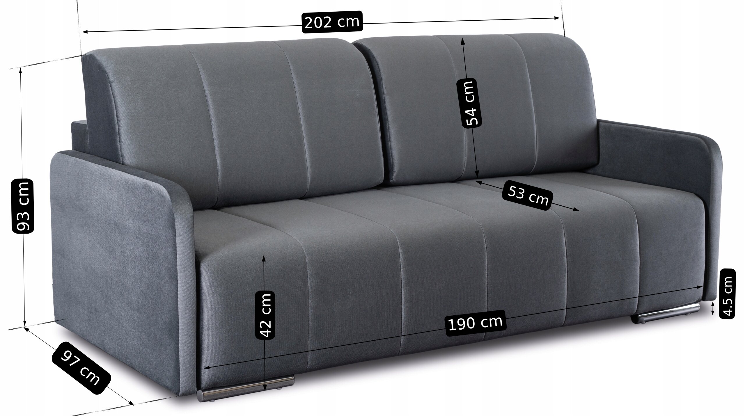 Szara, rozkładana sofa z funkcją spania, o wymiarach: 202 cm szerokości, 93 cm wysokości, 97 cm głębokości, z siedziskiem na wysokości 42 cm i głębokości 53 cm. Oparcie ma wysokość 54 cm, a szerokość powierzchni spania wynosi 190 cm.