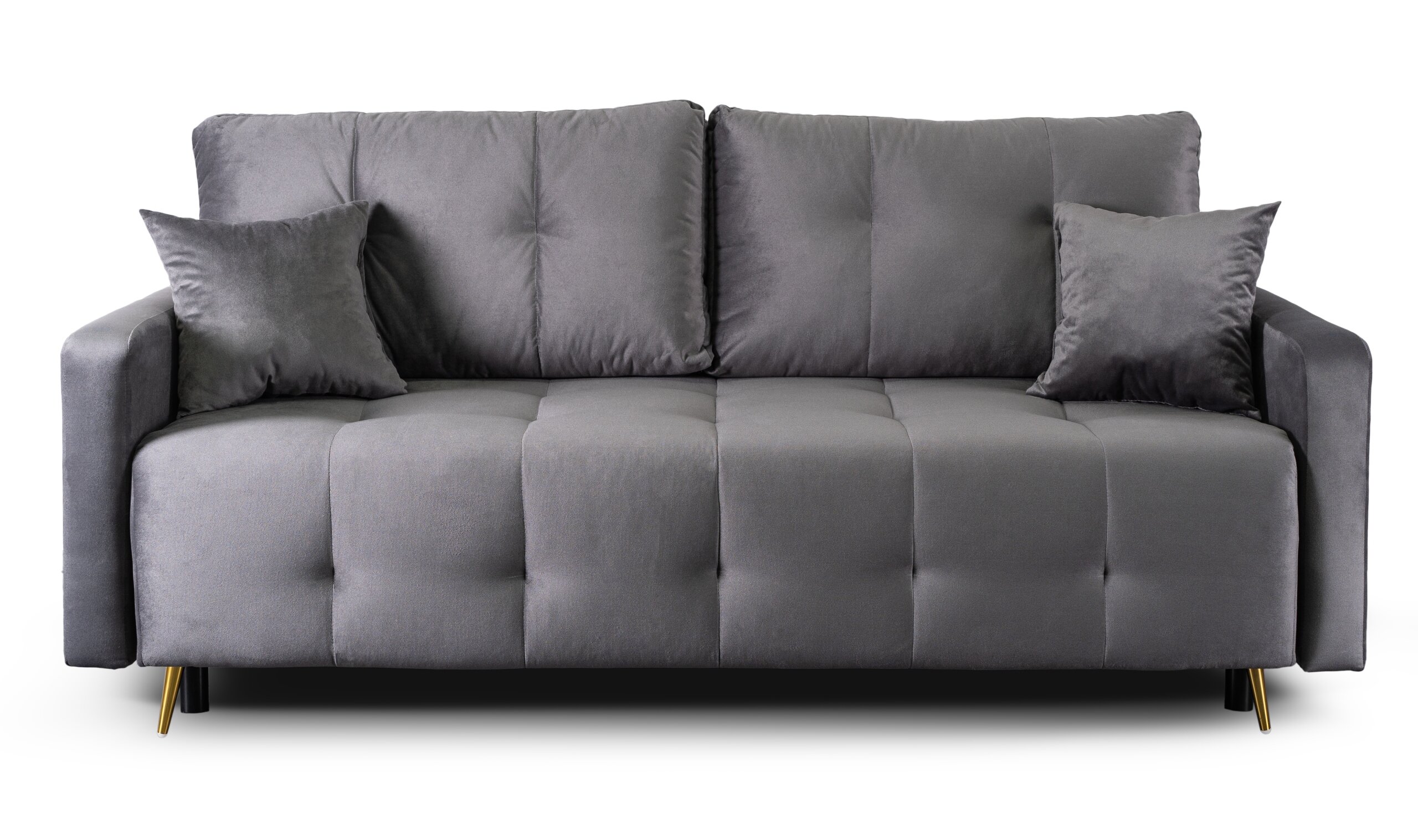 Szara sofa z funkcją spania, posiadająca dwa poduszki dekoracyjne i pikowane siedzisko.
