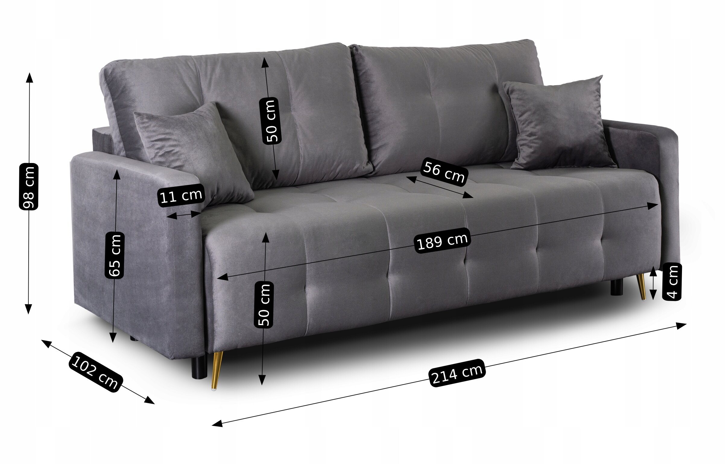 Szara sofa rozkładana z funkcją spania, posiadająca dwa poduszki i złote nóżki. Na obrazie widoczne są wymiary: 98 cm, 65 cm, 50 cm, 11 cm, 102 cm, 214 cm, 189 cm, 56 cm, 4 cm.