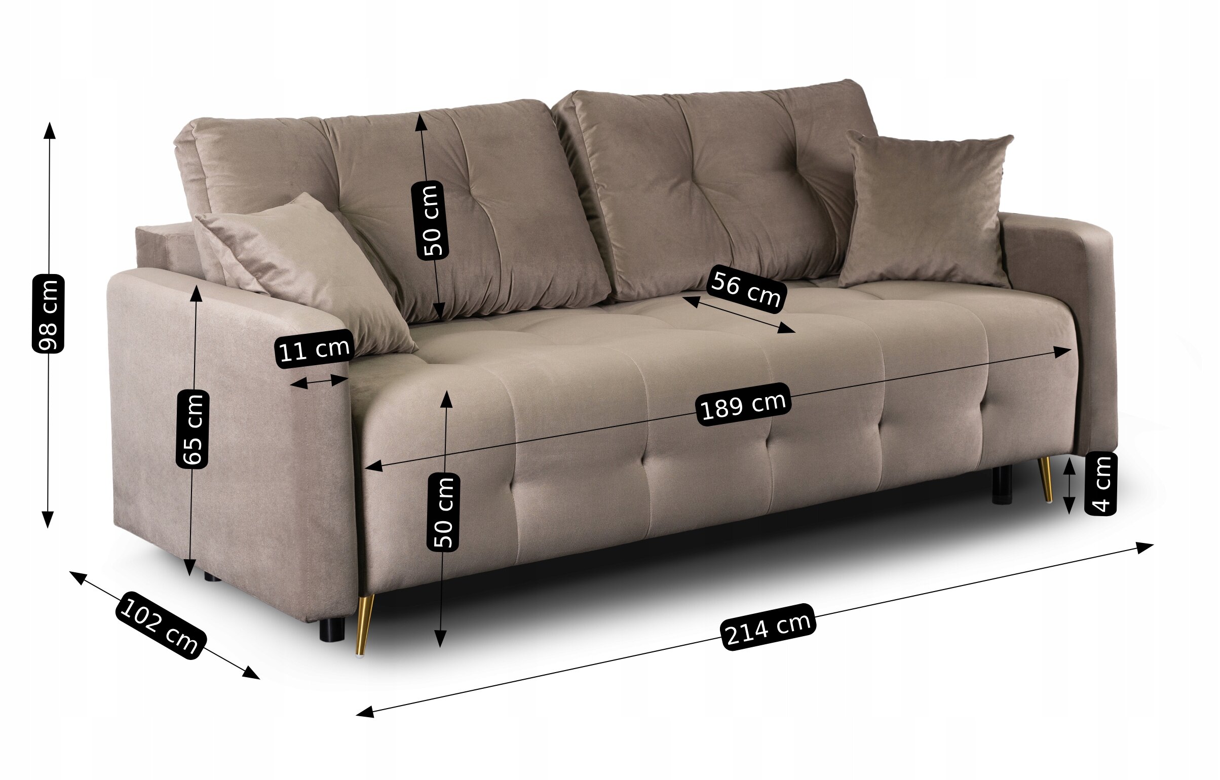 Beżowa sofa rozkładana z funkcją spania, z poduszkami i metalowymi nóżkami, o wymiarach: wysokość 98 cm, szerokość 214 cm, głębokość 102 cm. Na obrazie widoczne są szczegółowe wymiary poszczególnych elementów sofy.