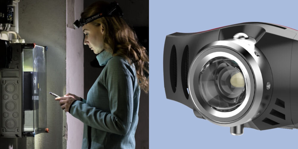 Latarka LEDLENSER H3.2 zbliżenie na latarkę kobieta z latarką na czole stoi przy liczniku dla wymagających użytkowników obrotowa głowica dostosowanie kąta świecenia o 90 stopni intuicyjna dźwignia regulacji natężenia światła w łatwo dostępnym miejscu jedna ręka klasę odporności IPX4 w trudnych warunkach atmosferycznych