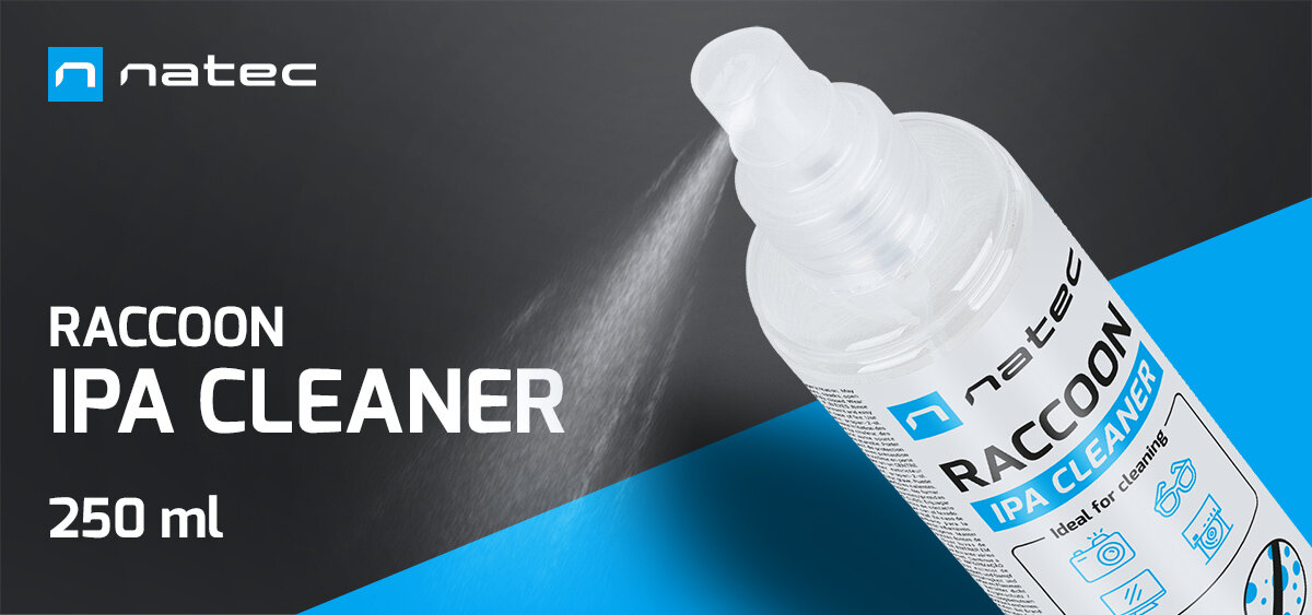 Alkohol izopropylowy NATEC Raccoon Ipa Cleaner 250 ml Przezroczysta butelka ze sprayem do czyszczenia z dyszą na ciemnym tle.