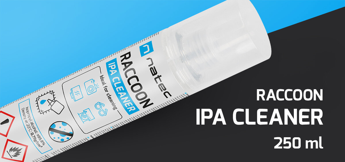 Alkohol izopropylowy NATEC Raccoon Ipa Cleaner 250 ml Pojemnik z roztworem czyszczącym, z symbolami ostrzegawczymi i przezroczystą pokrywką.