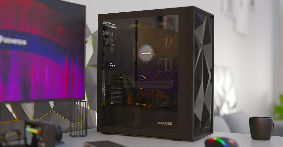Genesis Diaxid 605F niską temperaturę i wysoką wydajność kompatybilność z chłodzeniami AIO 420, 5 wentylatorów GENESIS Oxal 120 oraz kompletne filtry przeciwkurzowe - obudowa na biurku