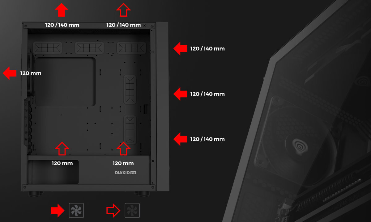 Genesis Diaxid 605F GENESIS Oxal 120 wydajność standardowego modelu 1400 RPM Cichą pracę wyciągowe umieszczone są z jeden z tyłu drugi od góry do środka przodu obudowy miejsce na górze systemem filtracji dwa miejsca na spodzie - umiejscowienie wentylatorów