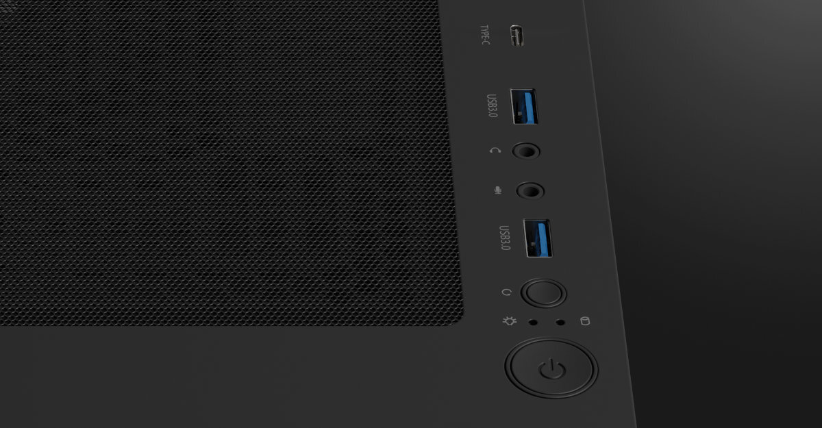 Genesis Diaxid 605F portów USB górnym panelu USB-C (Gen 2, do 10 Gbit/s) 2 porty USB Typu A (3.2 Gen 1) wejścia audio i mikrofon (2 x 3,5 mm) Wnętrze obudowy przepusty, piwnica na okablowanie i gumowe maskownice - górny panel z portami USB