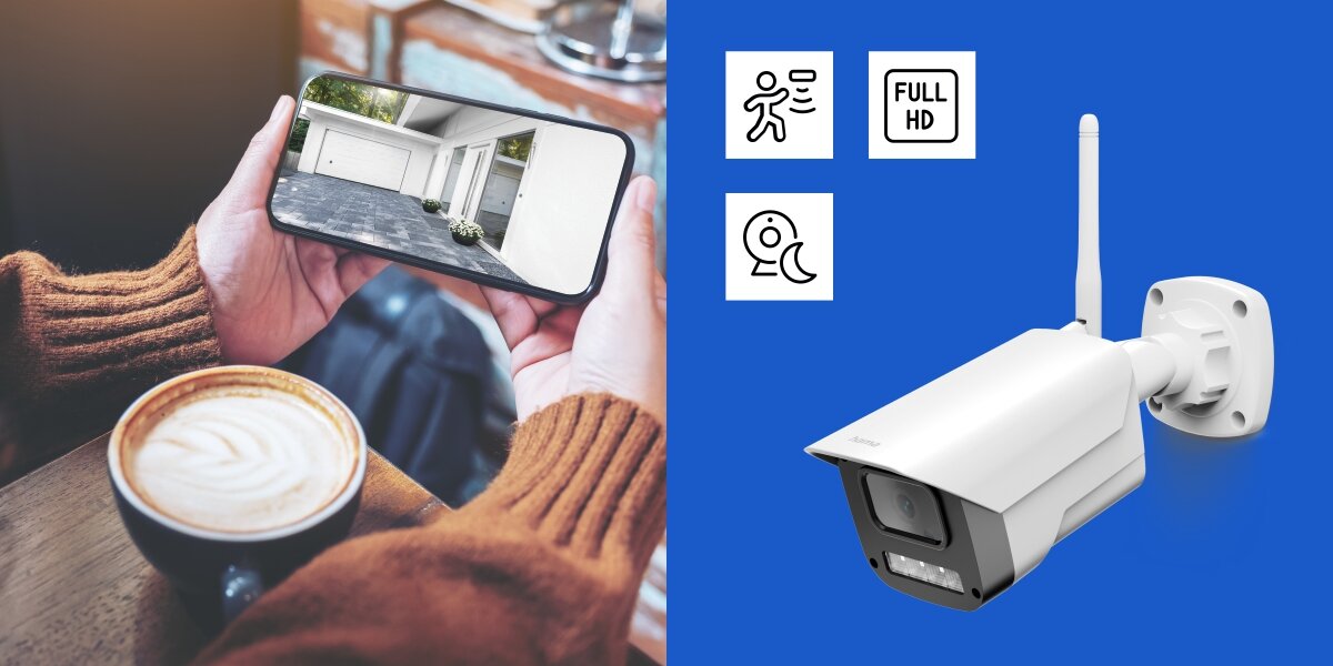 Osoba trzyma smartfon z widokiem na garaż oraz kamera Hama z ikonami: detekcja ruchu, Full HD, widzenie nocne.