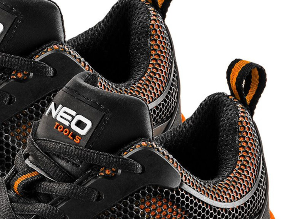 Półbuty robocze NEO 82-092 rozmiar 41 zbliżenie na cholewki rozmiar 41 dla osób o stopie długości 27,3 cm ergonomiczna konstrukcja swoboda ruchu dobrze wyprofilowana wkładka odpowiednie dopasowanie efektywność w codziennych obowiązkach