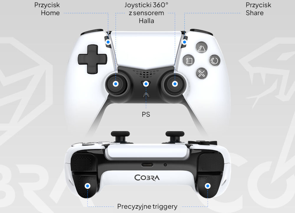 Kontroler COBRA QSP550WH Biały prezentacja pada od przodu i od strony portu USB-C na szarym tle bezprzewodowy kontroler ergonomiczny kształt dokładne sterowanie czułe przyciski