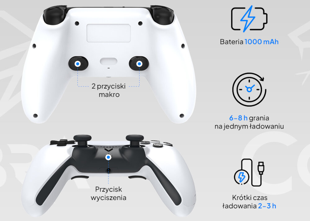 Kontroler COBRA QSP550WH Biały prezentacja pada od tyłu i dołu połączenie bezprzewodowe przez Bluetooth 5.3 współpraca z konsolą PS5 PC oraz wybranymi urządzeniami z Androidem i iOS bateria litowo-jonowa do 8 godzin na jednym ładowaniu krótki czas ładowania 2-metrowy kabel USB-C/USB-A graj i ładuj jednocześnie swoboda wygoda