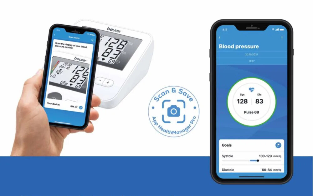 Ciśnieniomierz BEURER BM 27 Biało-szary Analiza pomiarów w aplikacji funkcja Scan & Save HealthManager Pro śledzić postępy i konsultować wyniki z lekarzem