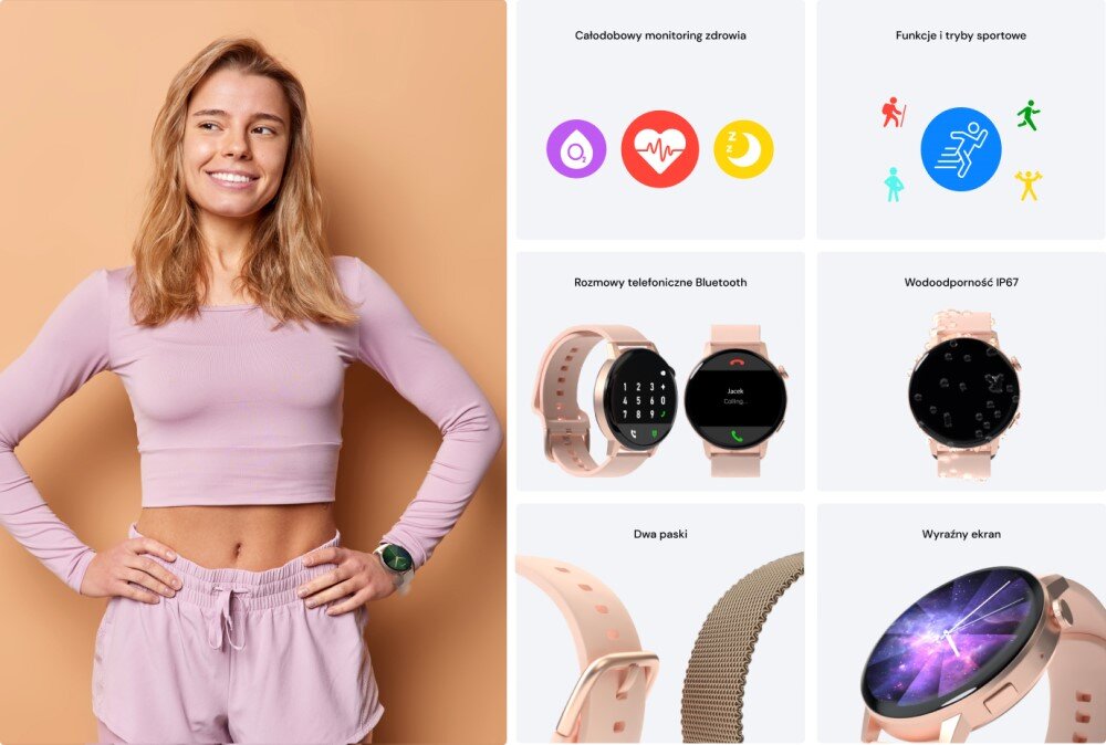 Smartwatch FOREVER Forevive 4 SB-350 ekran bateria czujniki zdrowie sport pasek ładowanie pojemność rozdzielczość łączność sterowanie krew puls rozmowy smartfon aplikacja