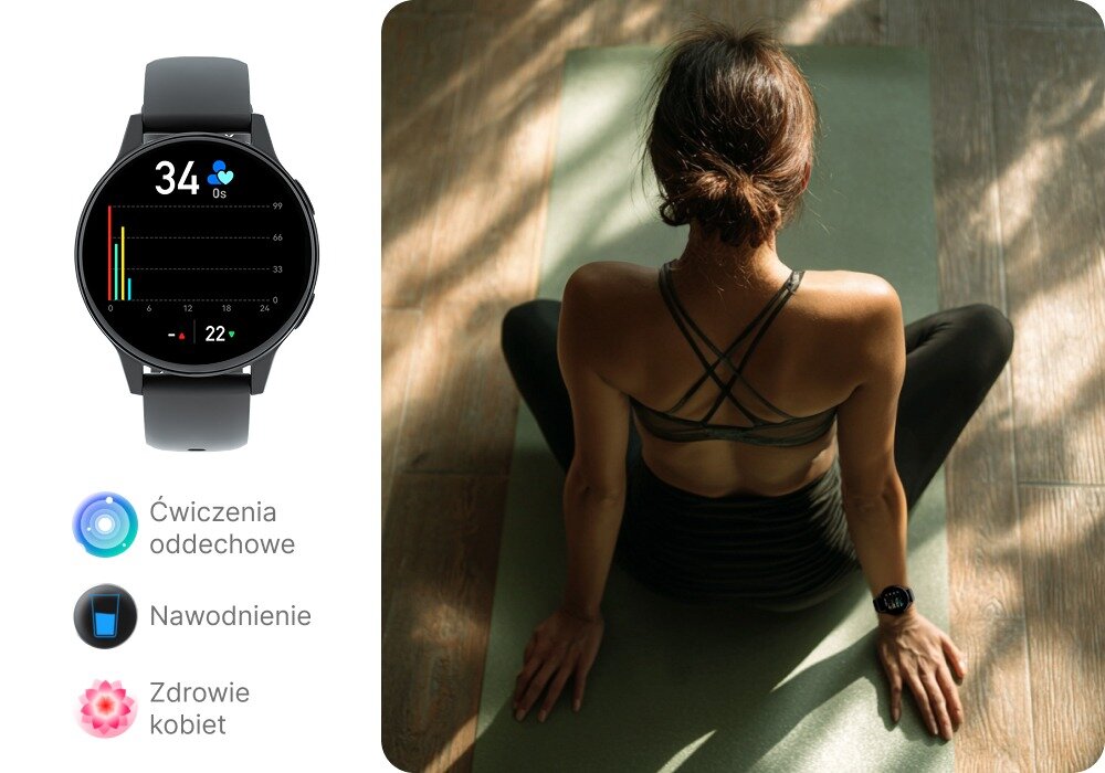 Smartwatch IGO Watch 4 pomiar stresu ćwiczenia oddechowe kalendarz menstruacyjny nawodnienie