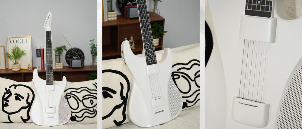 Gitara inteligentna AEROBAND Midi Biały Gitara AeroBand Główne zalety AeroBand Guitar, 6-strunowa gitara, wbudowane brzmienia i obsługa DAW przez USB-C, osoba z założonymi słuchawkami oraz gitarą w rękach