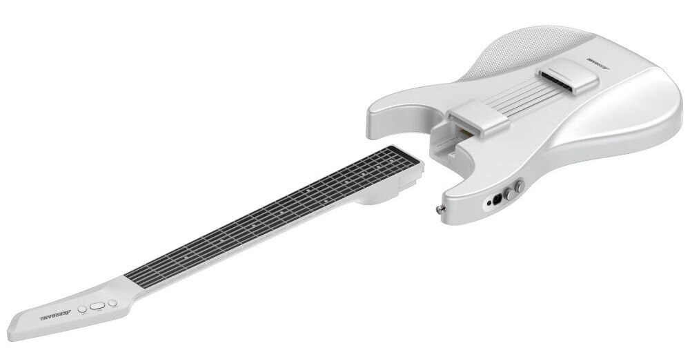 Gitara inteligentna AEROBAND Midi Biały Gitara AeroBand Technologia MIDI i wbudowane brzmienia, Cyfrowa konstrukcja, , osoby siedzące na kocyku w plenerze, osoba z gitarą w rękach