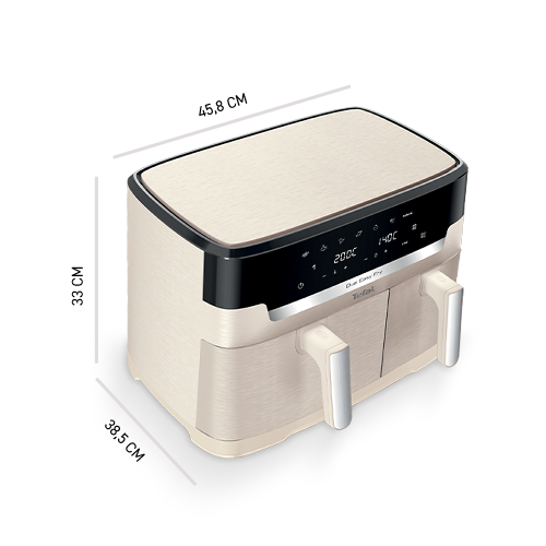 Frytkownica Tefal Dual Easy Fry XXL EY942 z oznaczeniem wymiarów: 45,8 cm x 33cm x 38,5 cm.