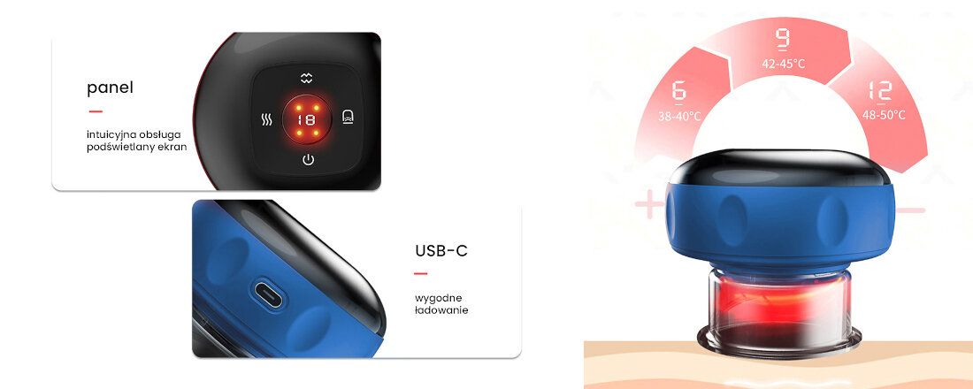 Obraz przedstawia masażer ręczny z niebieską obudową i podświetlanym ekranem z ikonami oraz temperaturą. Widoczny jest port USB-C z opisem \'wygodne ładowanie\'.