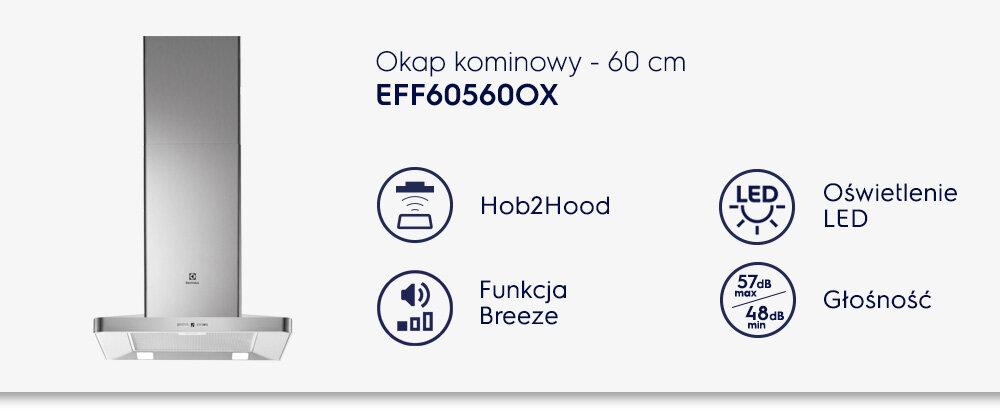 Obraz przedstawia okap kominowy z napisem \'Okap kominowy - 60 cm EFF60560OX\'. Obok znajdują się ikony z opisami: \'Hob2Hood\', \'Funkcja Breeze\', \'Oświetlenie LED\', \'Głośność 57dB max 48dB min\'.