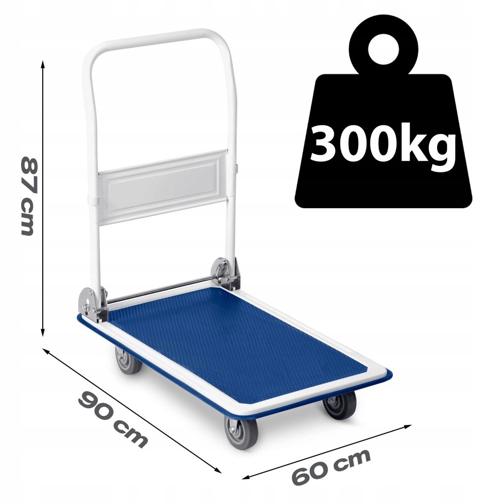 Na obrazie znajduje się niebieski wózek transportowy z białą ramą i czterema kołami. Obok wózka widoczna jest ikona wagi z napisem \'300kg\' oraz wymiary: 87 cm, 90 cm, 60 cm.