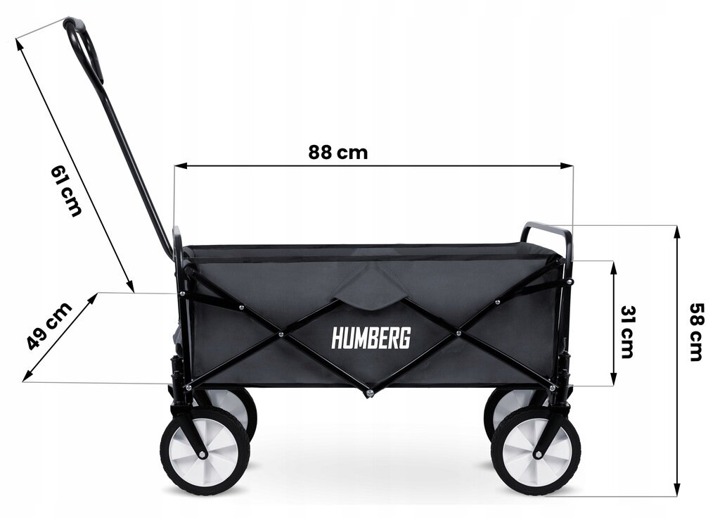Czarny wózek ogrodowy z logo \'HUMBERG\' na boku, z wymiarami: długość 88 cm, wysokość 58 cm, szerokość 49 cm, wysokość rączki 61 cm, wysokość boku 31 cm.