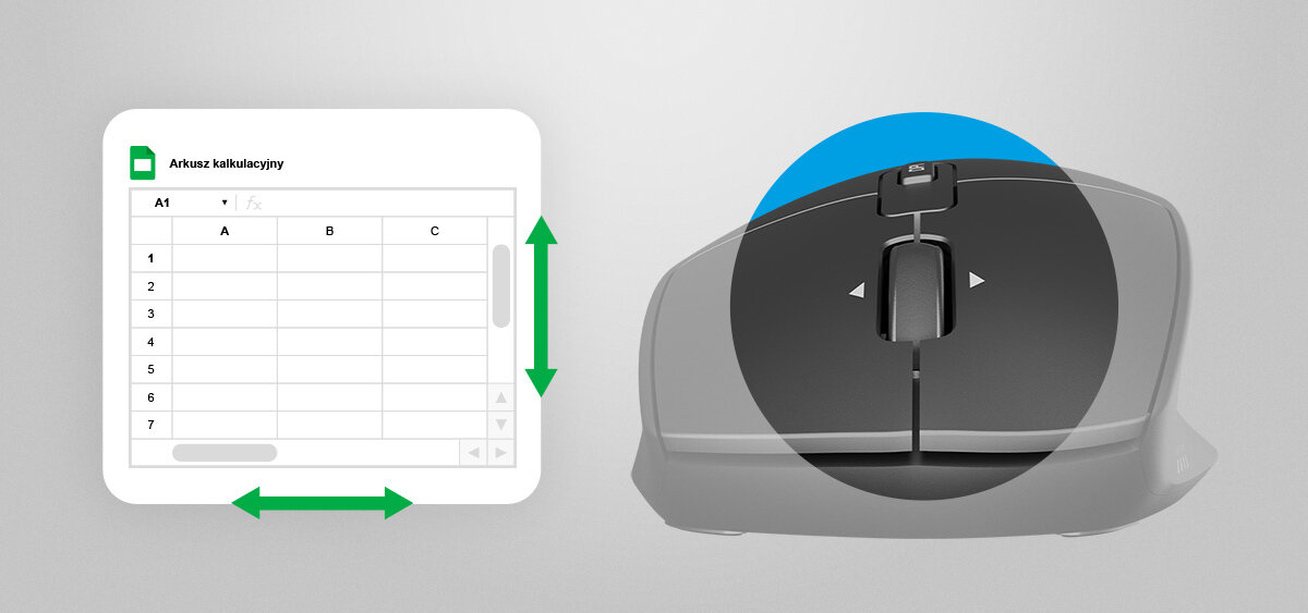 NATEC Kite Natec Kite rolkę przewijanie w pionie, jak i w poziomie Funkcja przewijania w dwóch kierunkach - zrzut ekranu z arkusza i zbliżenie na kółko