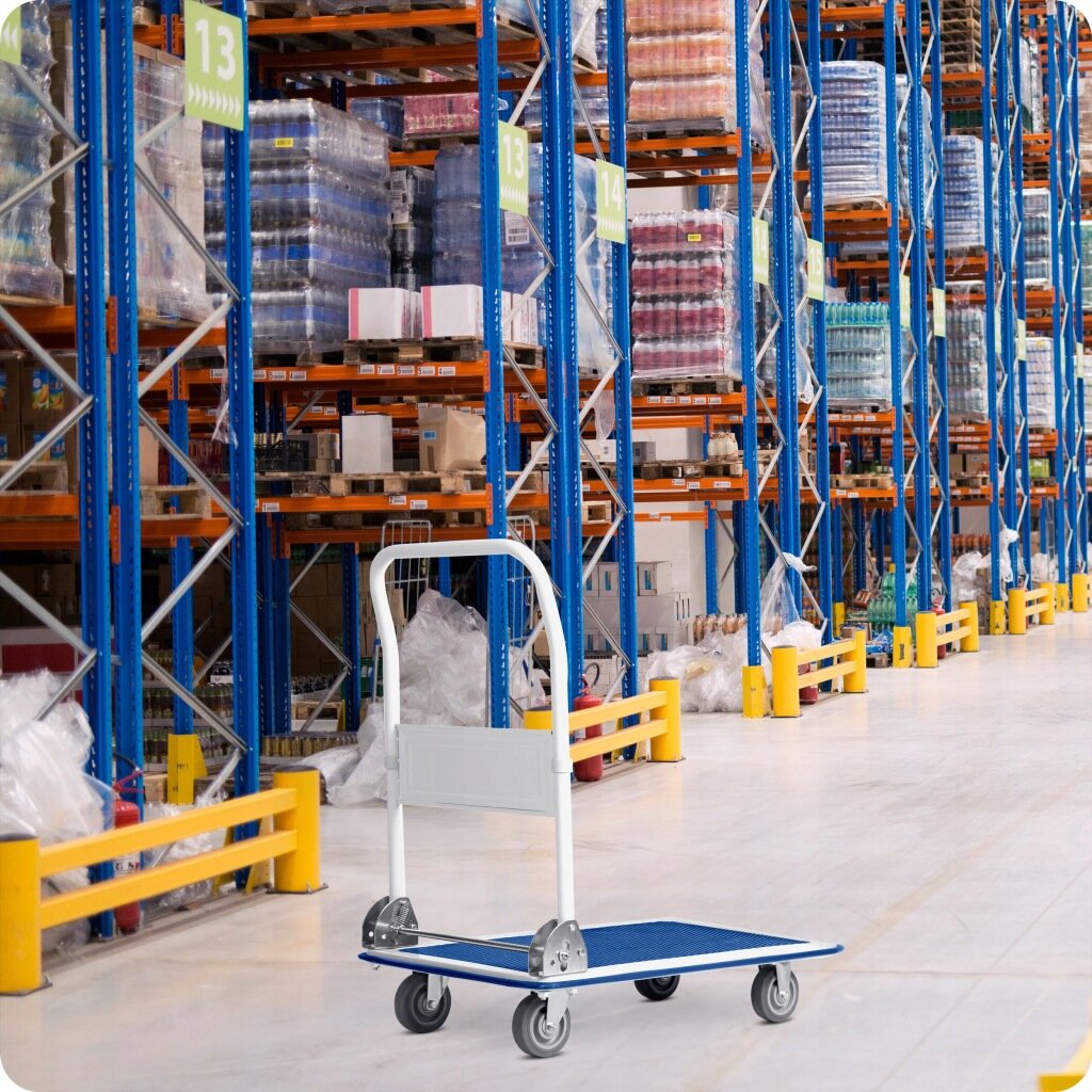 W magazynie widać wózek transportowy z niebieską platformą i metalowym uchwytem na tle regałów z towarami. Na regałach znajdują się palety z różnymi produktami, a na nich widoczne są oznaczenia z numerami \'13\' i \'14\'.