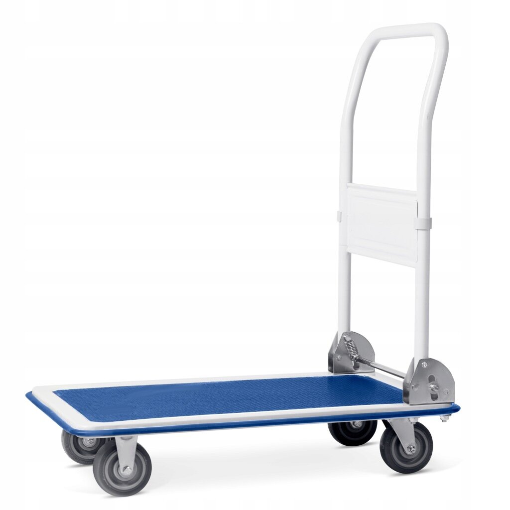 Na obrazie widoczny jest wózek transportowy z niebieską platformą i białym uchwytem. Wózek posiada cztery kółka, z czego dwa są skrętne.