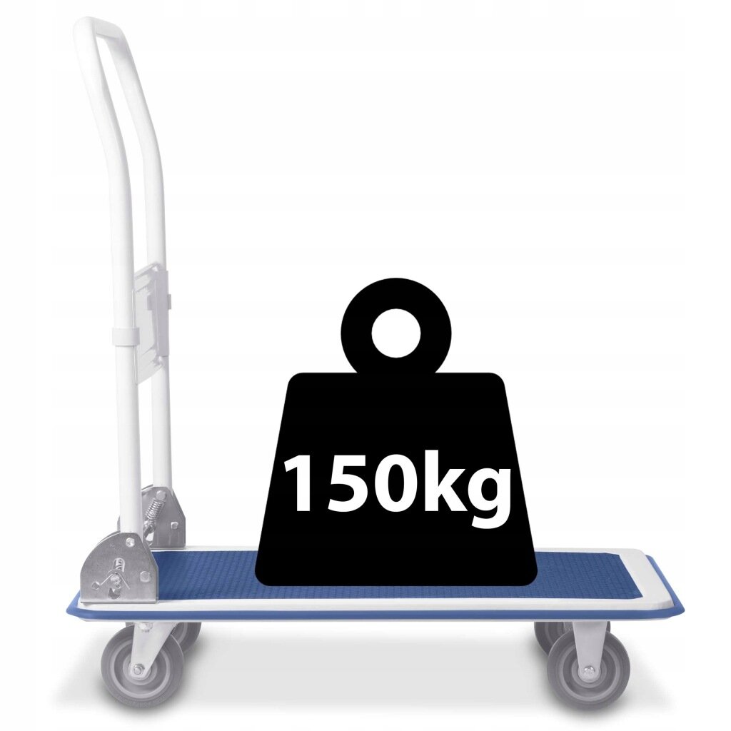 Na obrazie widoczny jest wózek transportowy z niebieską platformą i białym uchwytem, wyposażony w cztery koła. Na platformie znajduje się symbol wagi z napisem \'150kg\'.