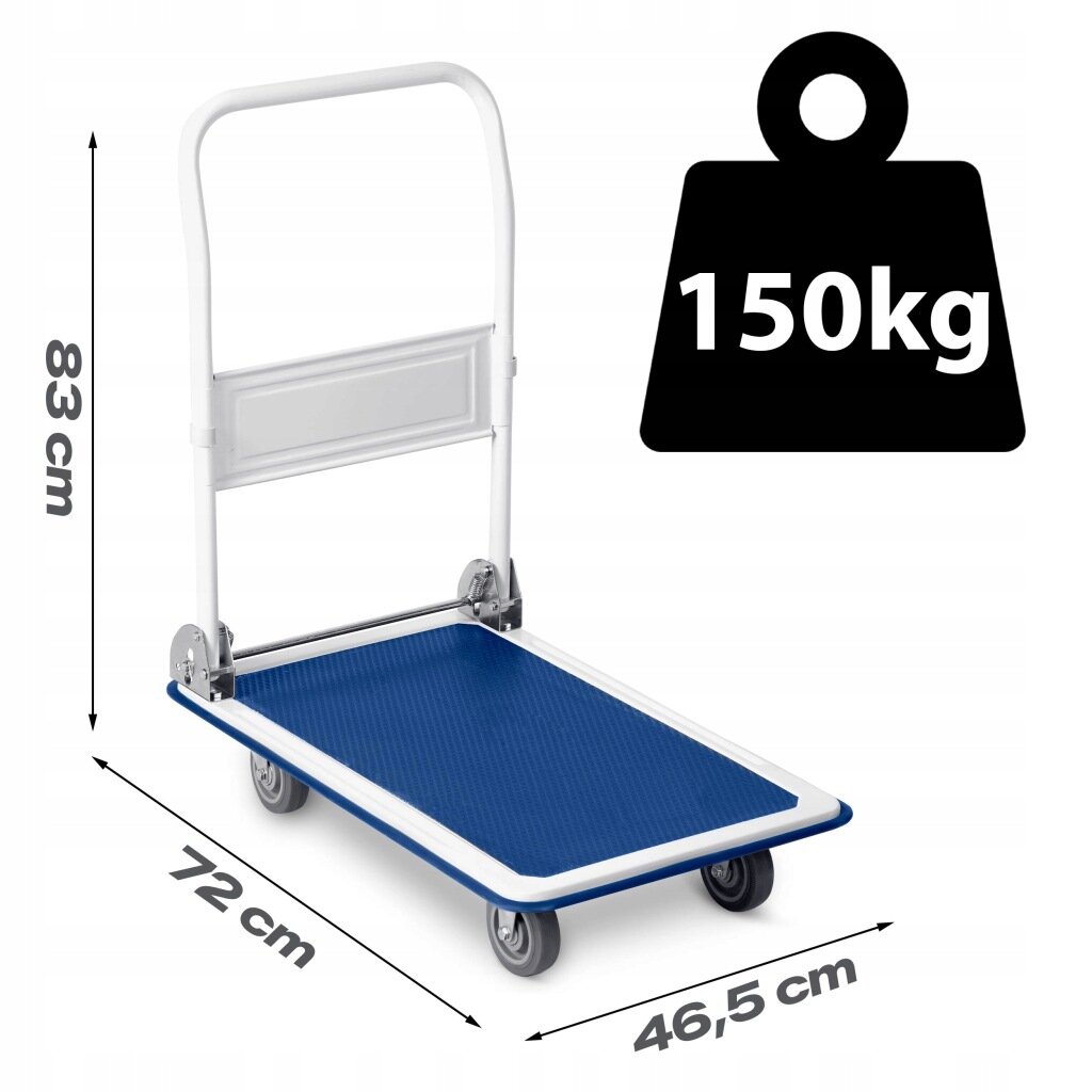 Na obrazie znajduje się niebiesko-biały wózek transportowy z czterema kółkami, o wymiarach 83 cm wysokości, 72 cm długości i 46,5 cm szerokości. Obok wózka widoczna jest ikona wagi z napisem \'150kg\'.