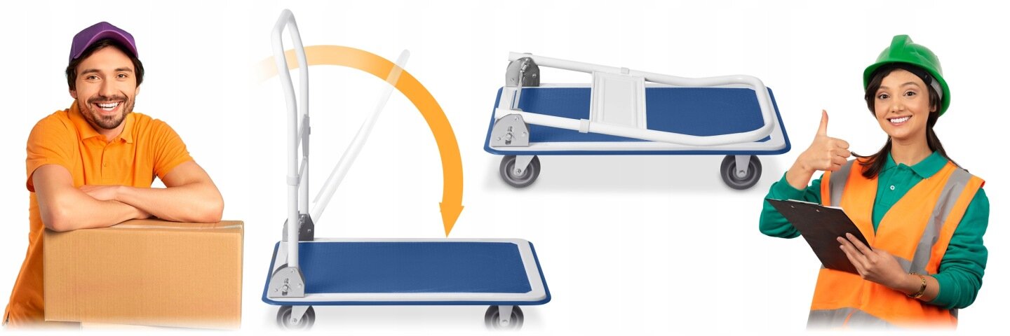 Obraz przedstawia wózek transportowy z niebieską platformą i białą ramą, pokazany w dwóch pozycjach: złożonej i rozłożonej. Po bokach znajdują się dwie osoby, jedna z kartonem, druga z notatnikiem i kaskiem ochronnym.