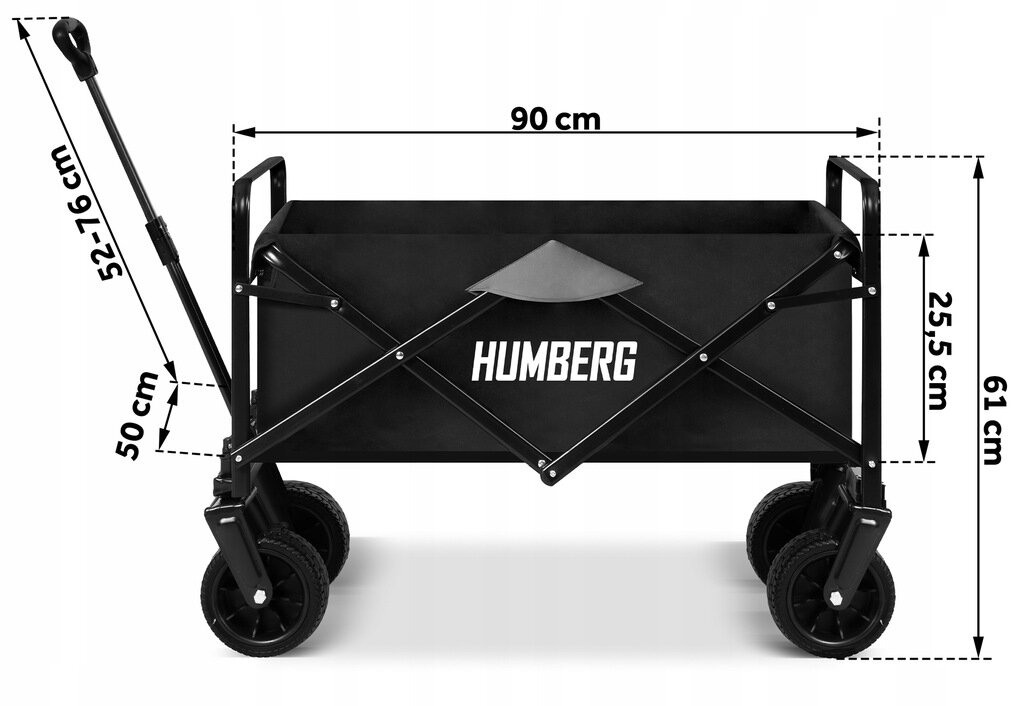 Czarny składany wózek ogrodowy z dużymi kołami, oznaczony logo \'HUMBERG\', z wymiarami: długość 90 cm, wysokość 61 cm, szerokość 50 cm, wysokość rączki regulowana od 52 do 76 cm, wysokość boku 25,5 cm.