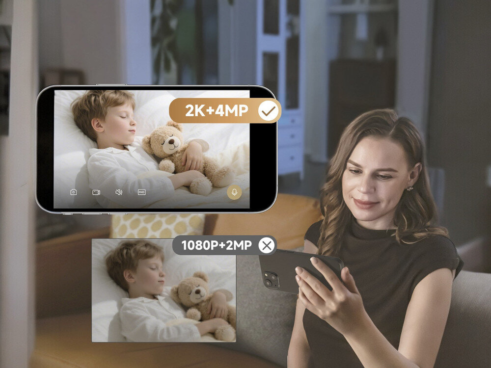 Kamera DREAME Navo Care 1 InCam Wewnętrzna, prywatność, rozmowa, obudowa, stabilność, kobieta spogląda na smartfona obserwując zasypiające dziecko