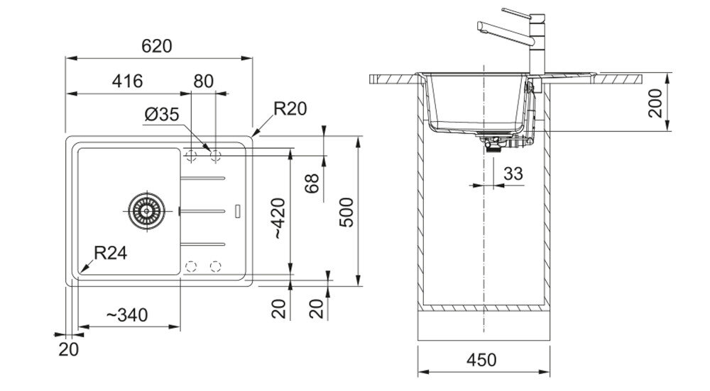 Rysunek techniczny zlewozmywaka z wymiarami: szerokość 590 mm, głębokość 510 mm, oraz otworem o średnicy 35 mm. Zawiera oznaczenia R12, R15, oraz 3x pre-drilled.