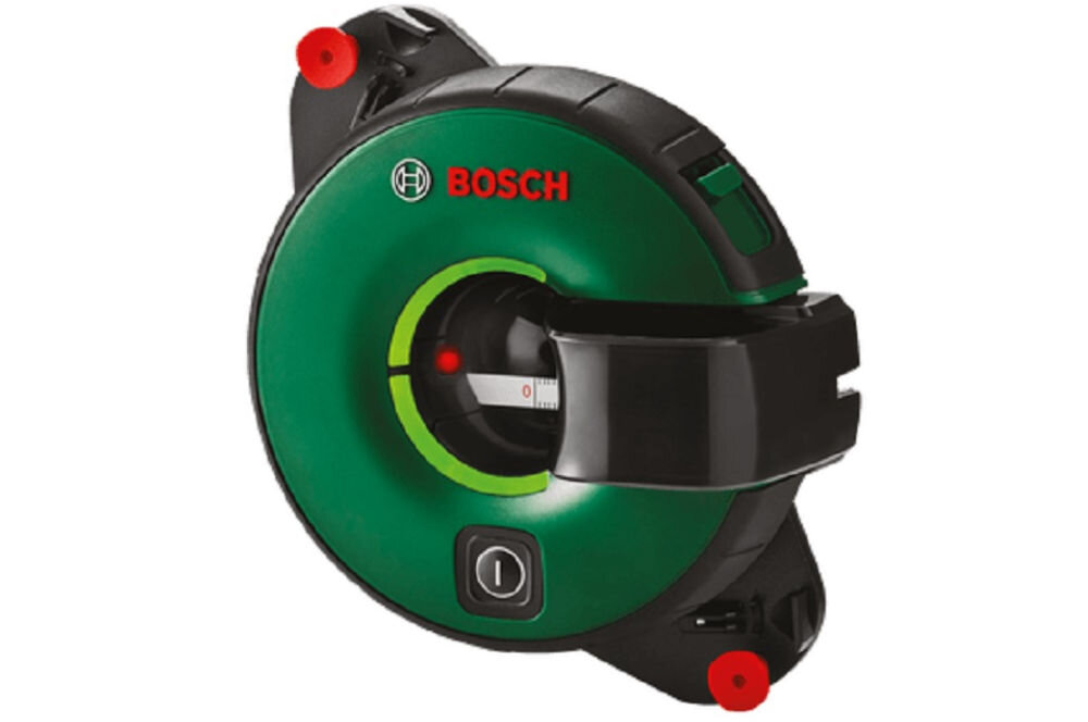 Na obrazie widoczny jest zielony laser liniowy z czarnymi i czerwonymi elementami, z logo \'BOSCH\' na obudowie. Urządzenie ma okrągły kształt z centralnym przyciskiem i wskaźnikiem laserowym.