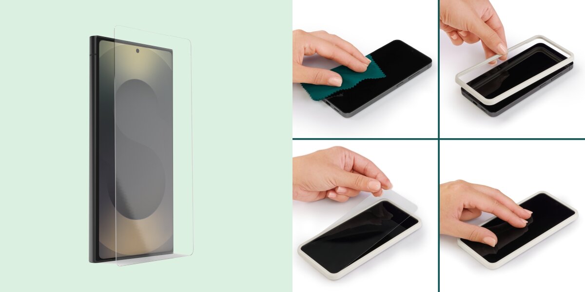 Obraz przedstawia proces nakładania szkła hartowanego na smartfon. Widać cztery etapy: czyszczenie ekranu, umieszczanie ramki, nakładanie szkła i finalne dopasowanie.